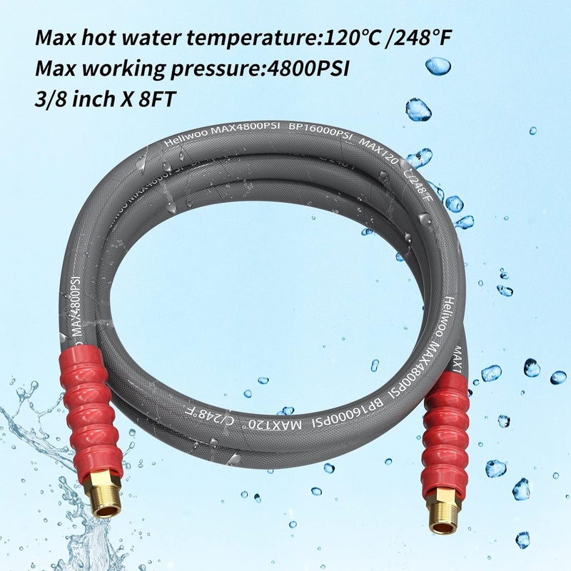 Heliwoo Pressure Washer Steel-Braided Jumper Hose, 8FT 3/8'' Quick Connect Adapter Set, 248F Hot Water, 4800 PSI - Image 3